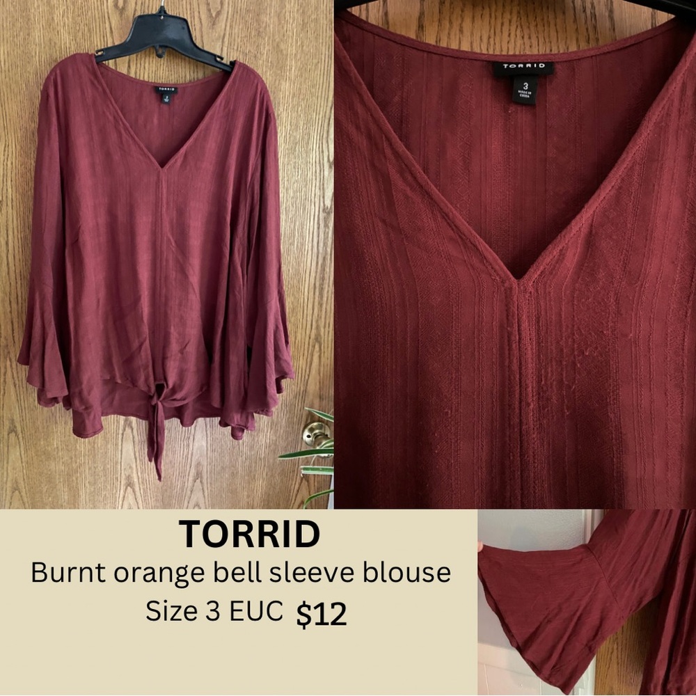 Burnt orange tie front blouse w bell sleeves
